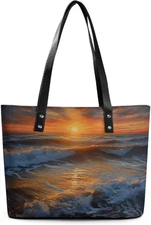 Leather Lady's Handbag,Sunset Seascape Print Work Handbags,Tote Bags for Women,Shoulder Hobo Handbags,Casual Tote Bag