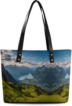 Leather Lady's Handbag,Switzerland Alps Print Work Handbags,Tote Bags for Women,Shoulder Hobo Handbags,Casual Tote Bag