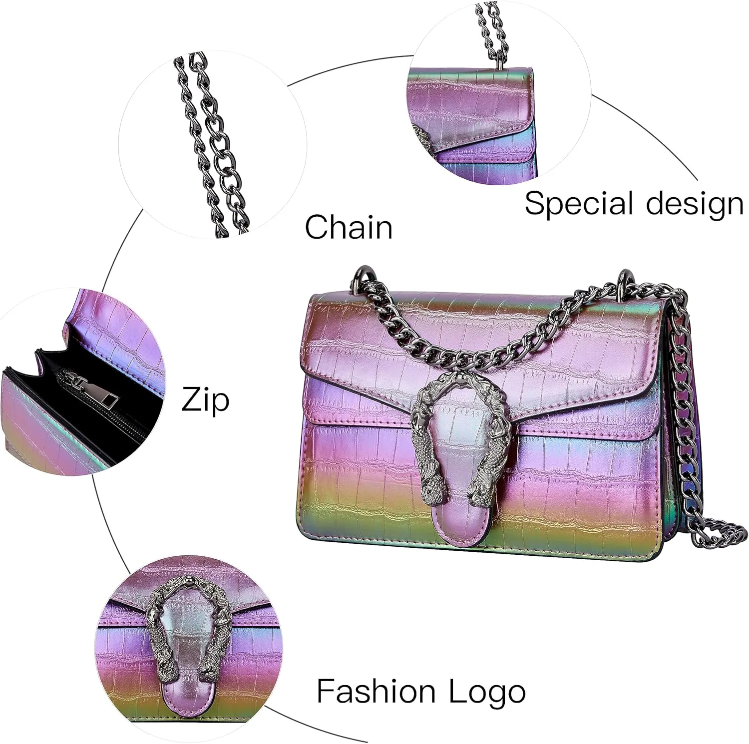 Leather Shoulder Bag Chain Purse for Women - Fashion Crossbody Bags Vintage Snake Print Underarm Bag Square Satchel Handbag