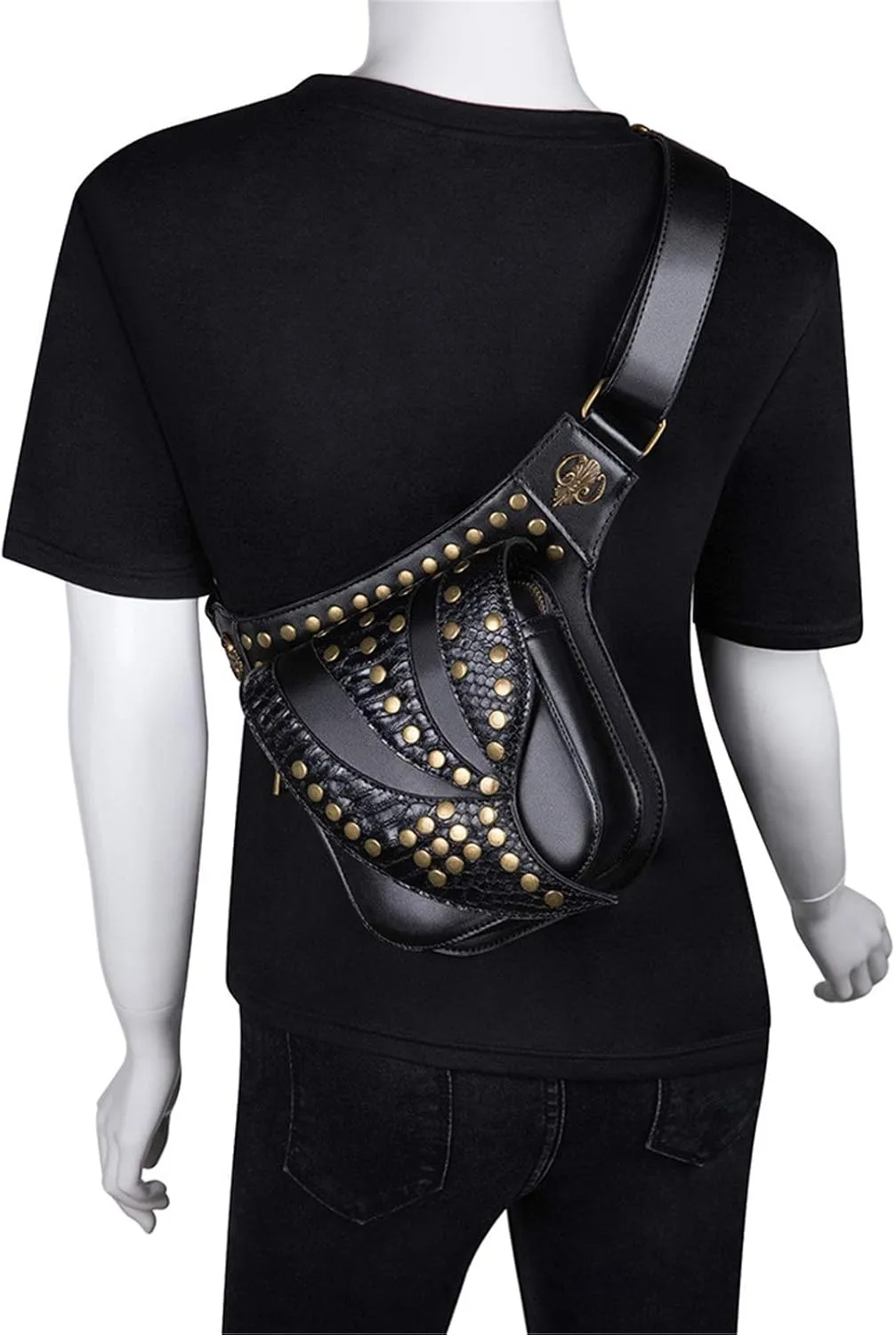 Leather Steampunk Bag Steampunk Locomotive Bag Shoulder Messenger Bag for Hiking Camping Trekking, Black