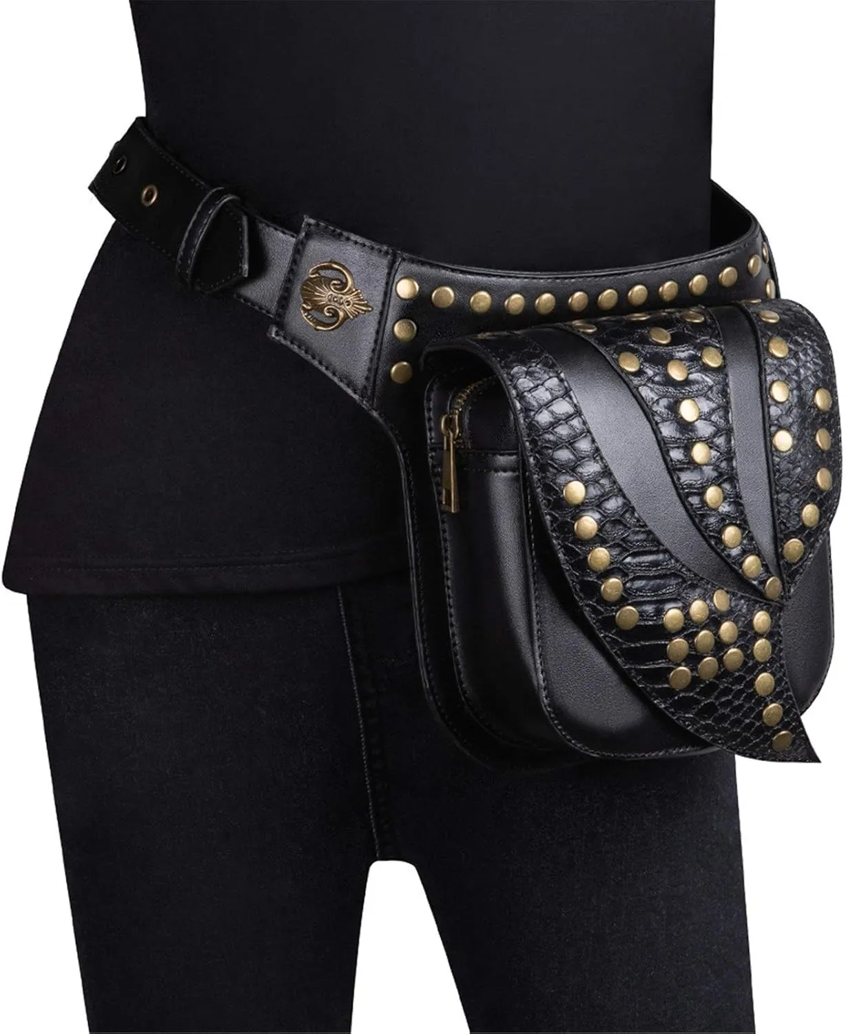 Leather Steampunk Bag Steampunk Locomotive Bag Shoulder Messenger Bag for Hiking Camping Trekking, Black