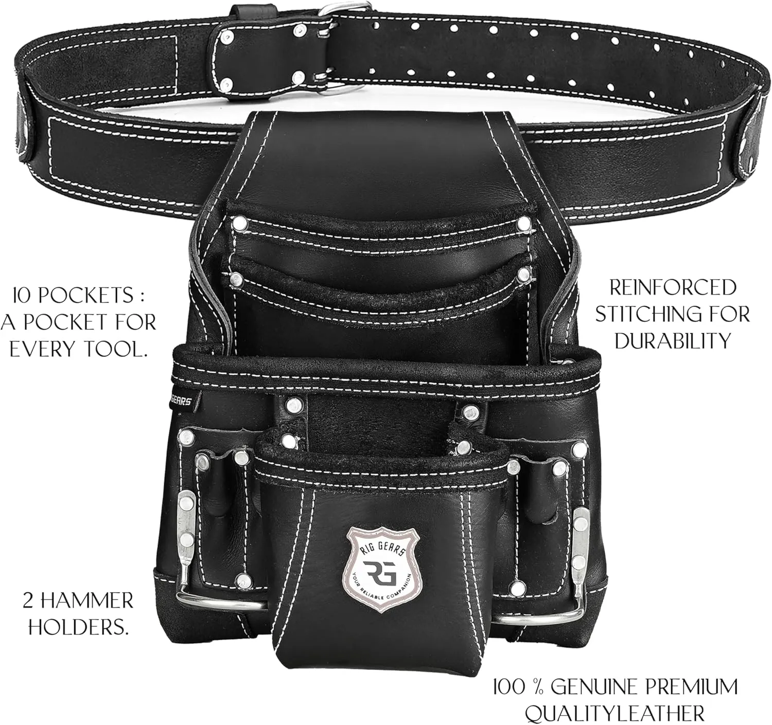 Leather Tool Belt for Electrician Tool Pouch Bags|10 Pocket Carpenter Tools,Construction,Framers,Electrician Tool Belt Pouches|2X Metal Hammer Holder|Heavy Duty Leather Tool Pouch