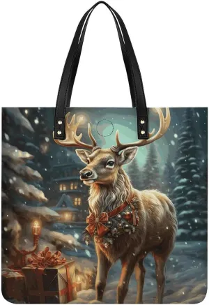 Leather Tote Shoulder Handbag Christmas Gift Reindeer Tote Bag for Woman Shopping Bags for Work Travel