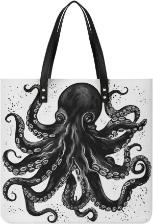 Leather Tote Shoulder Handbag Classic Black Octopus Tote Bag for Woman Shopping Bags for Work Travel