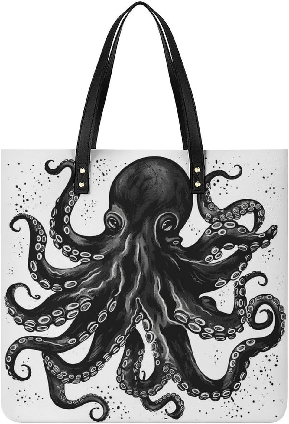 Leather Tote Shoulder Handbag Classic Black Octopus Tote Bag for Woman Shopping Bags for Work Travel