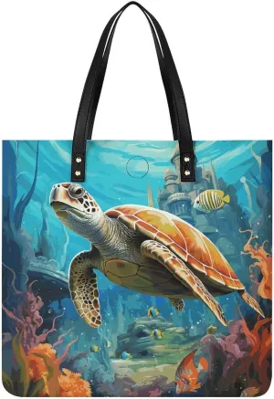 Leather Tote Shoulder Handbag Dolphins Sea Turtle Coral Reef Tote Bag for Woman Shopping Bags for Work Travel