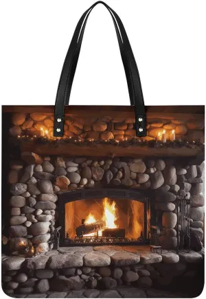 Leather Tote Shoulder Handbag Rock Stone Fireplace Tote Bag for Woman Shopping Bags for Work Travel