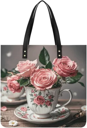 Leather Tote Shoulder Handbag Tea Cups with Roses Romantic Shabby Tote Bag for Woman Shopping Bags for Work Travel