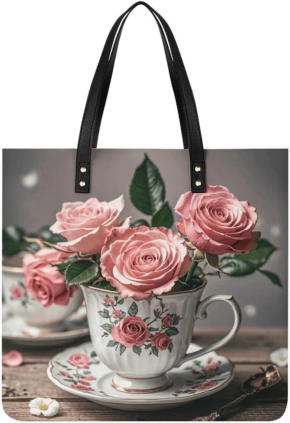 Leather Tote Shoulder Handbag Tea Cups with Roses Romantic Shabby Tote Bag for Woman Shopping Bags for Work Travel
