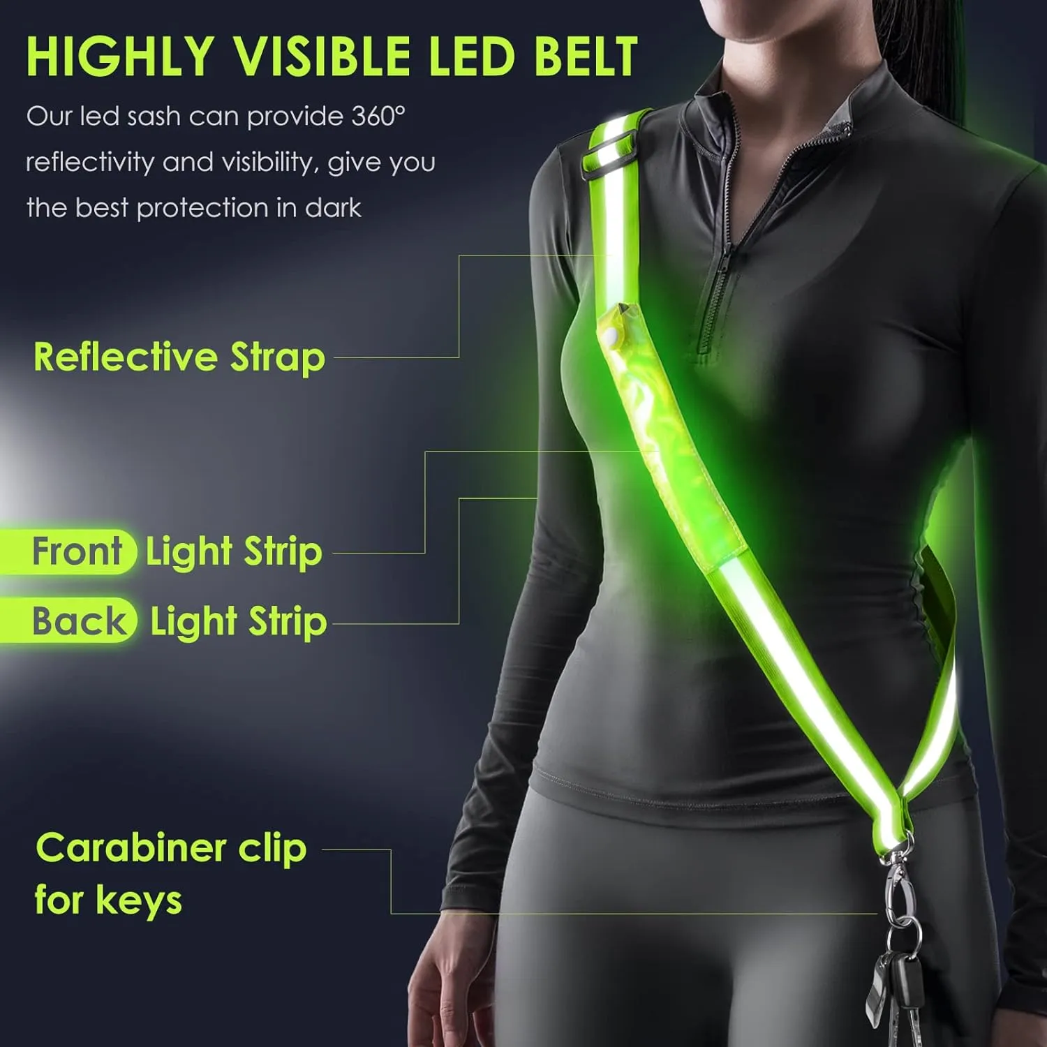 LED Belt Reflective Sash for Walking at Night, High Visibility Adjustable Night Running Safety Gear Rechargeable LED Light Up Running Belt Reflective Gear for Runners Walkers Men Women