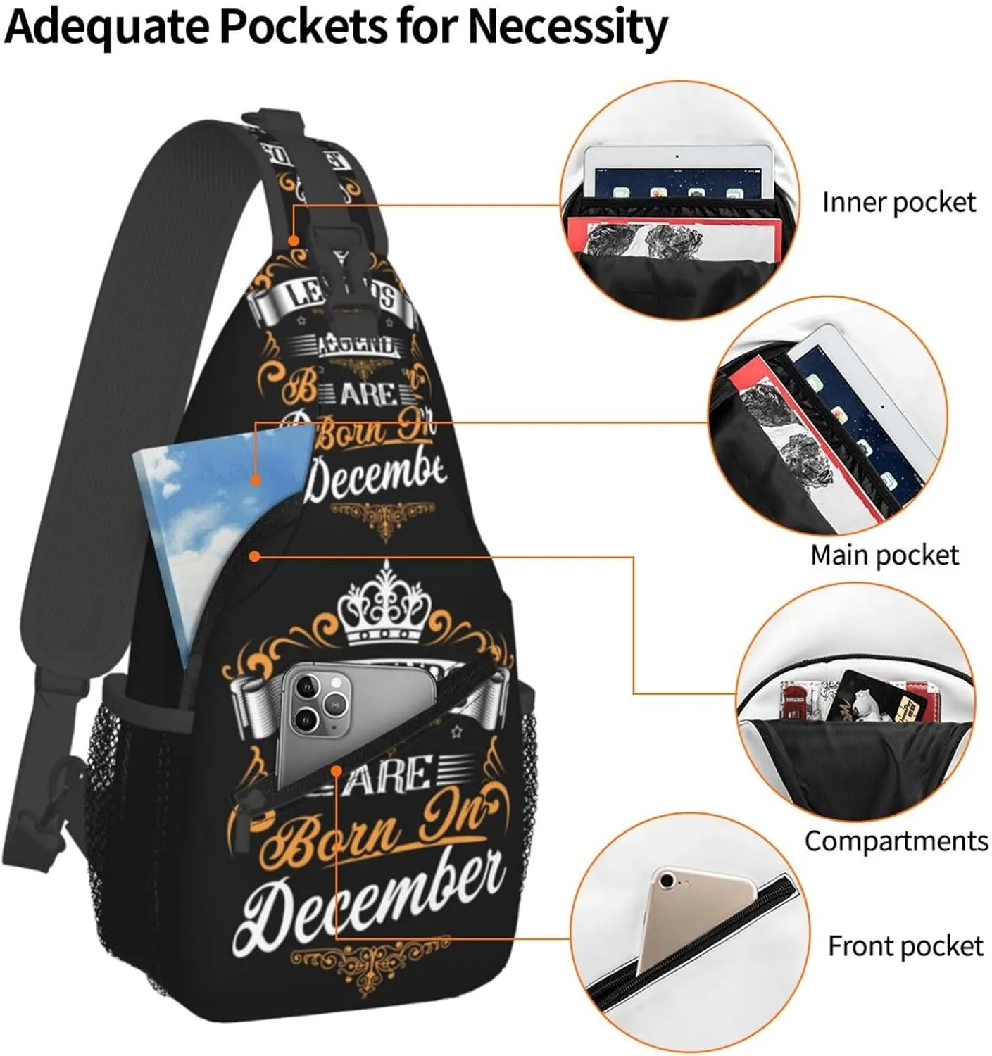 Legends Are Born In December Crown Crossbody Bag Cross Chest Bag Adjustable Sling Backpack Sports Gym Shoulder Bags Travel Cycling Daypack Diagonally Casual Rucksack