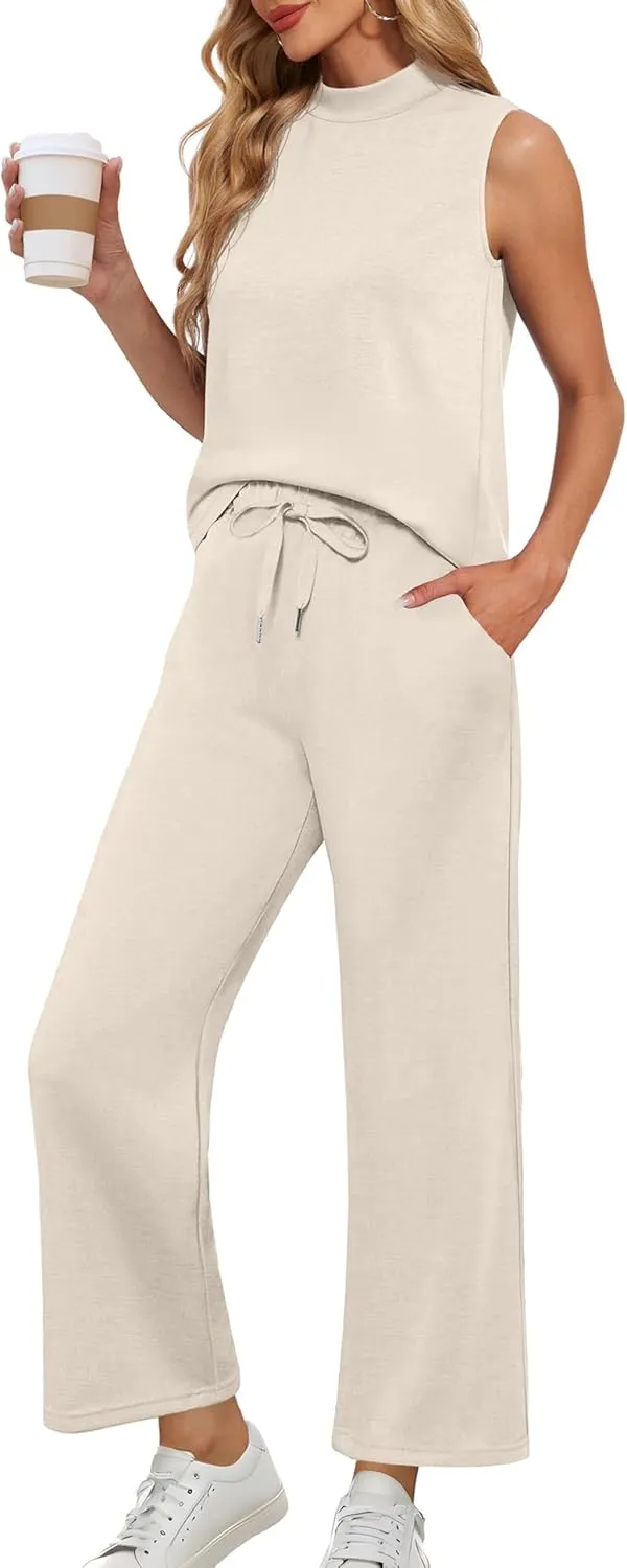 Lepunuo Two Piece Sets for Women Summer Mock Neck Sleeveless Top Wide Leg Pants Lounge Sets Vacation Travel Outfits