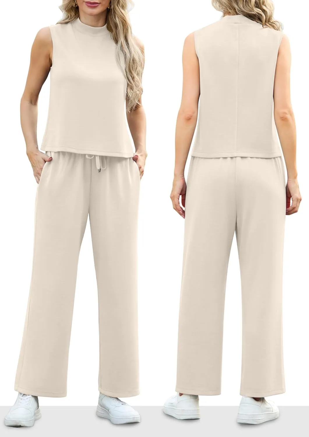 Lepunuo Two Piece Sets for Women Summer Mock Neck Sleeveless Top Wide Leg Pants Lounge Sets Vacation Travel Outfits