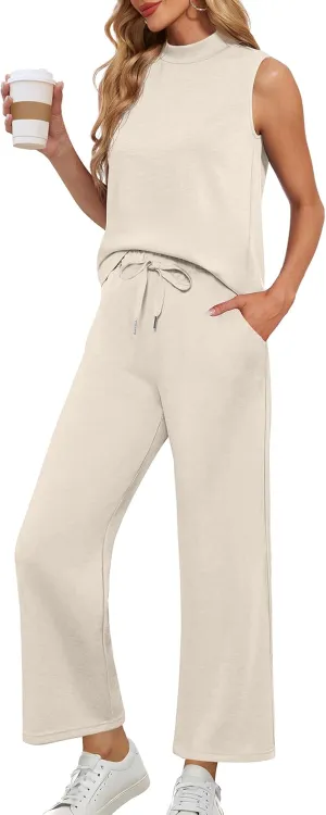 Lepunuo Two Piece Sets for Women Summer Mock Neck Sleeveless Top Wide Leg Pants Lounge Sets Vacation Travel Outfits