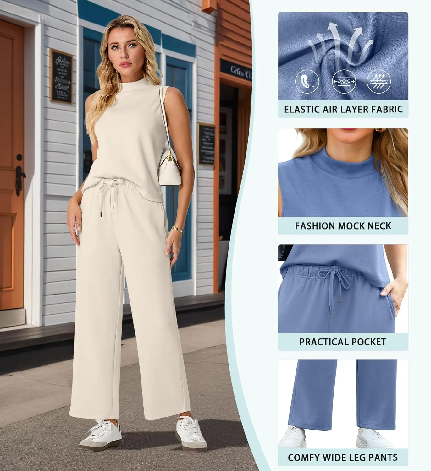 Lepunuo Two Piece Sets for Women Summer Mock Neck Sleeveless Top Wide Leg Pants Lounge Sets Vacation Travel Outfits
