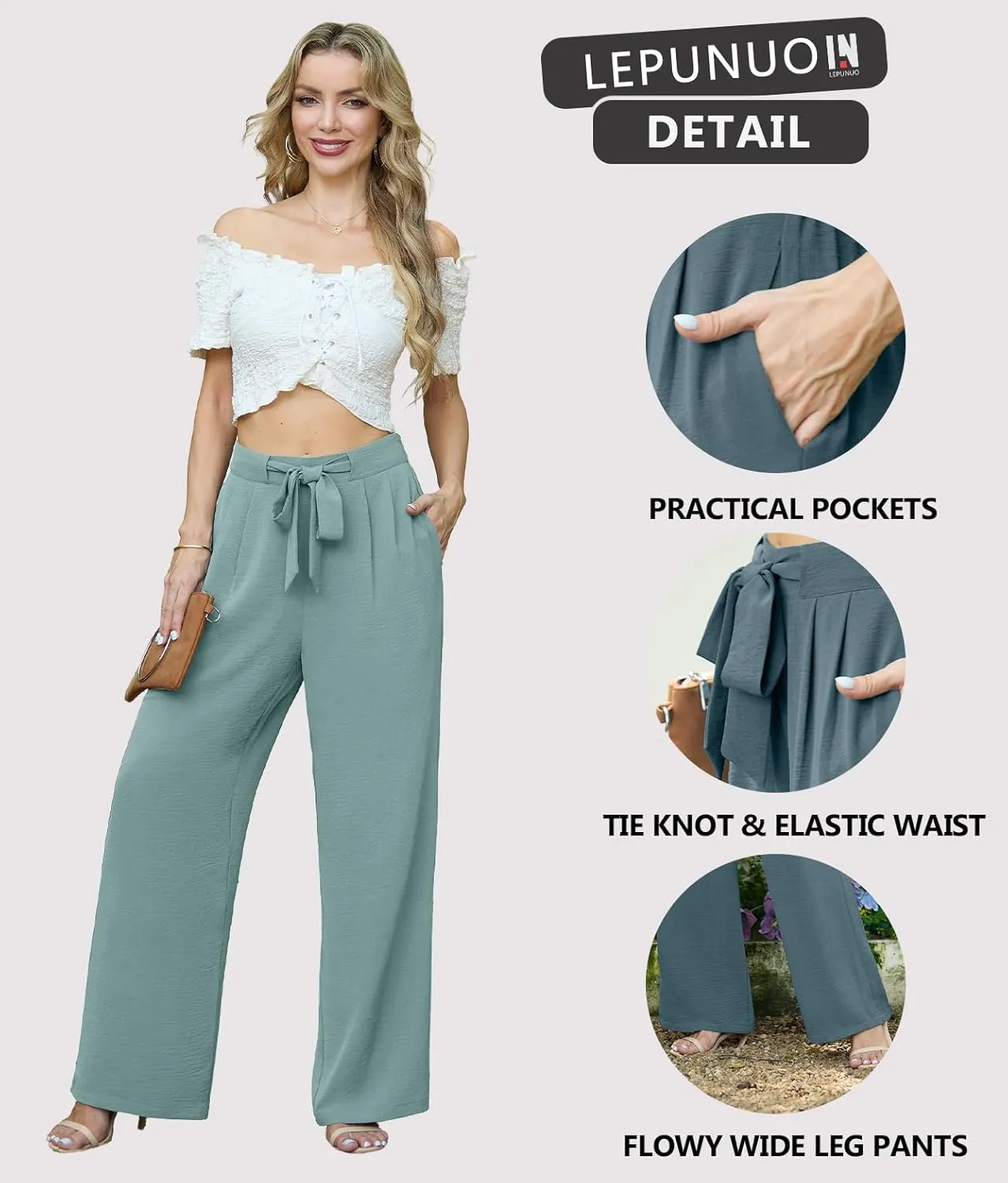 Lepunuo Women's High Waisted Wide Leg Flowy Pants Casual Palazzo Pants Work Adjustable Tie Knot Pants with Pockets