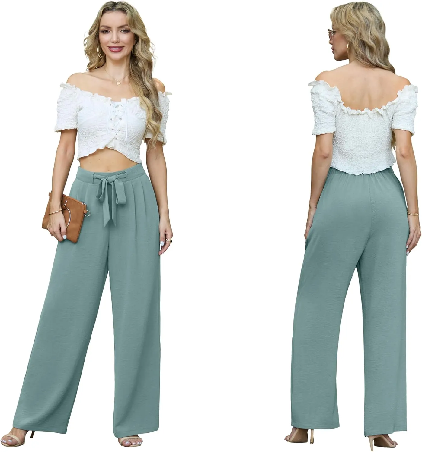Lepunuo Women's High Waisted Wide Leg Flowy Pants Casual Palazzo Pants Work Adjustable Tie Knot Pants with Pockets