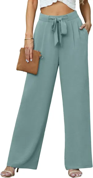 Lepunuo Women's High Waisted Wide Leg Flowy Pants Casual Palazzo Pants Work Adjustable Tie Knot Pants with Pockets