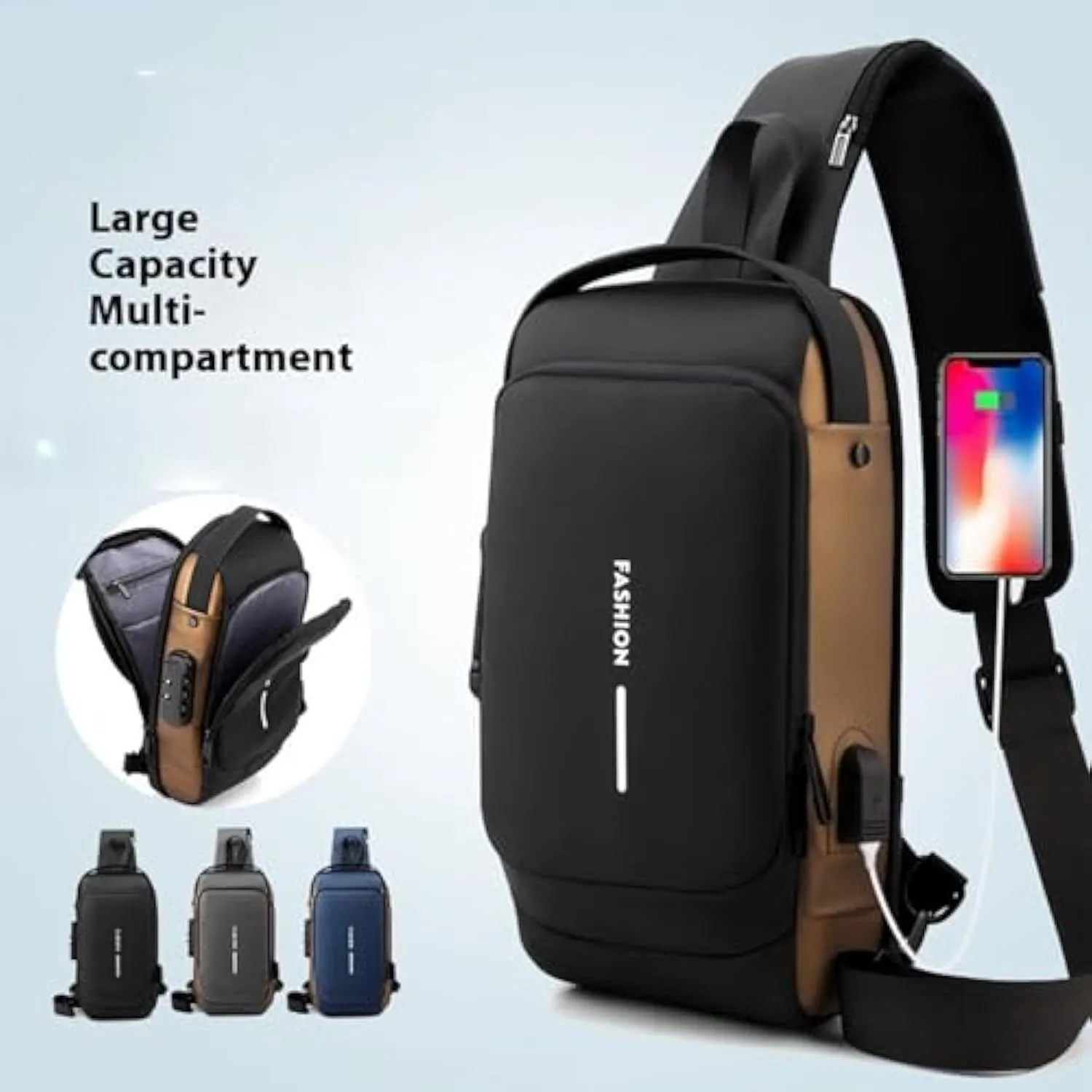 Leyweio Bag, Carbon Fiber Streamline Anti-theft Sling Bag, Sling Backpack USB Waterproof Chest Daypack (Black)