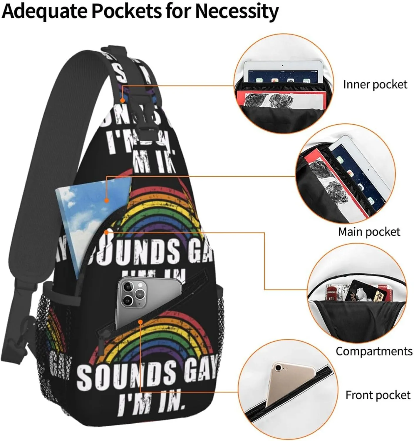 Lgbt Pride Rainbow Gay Sounds Gay I'M In Lgbt Chest Sling Bag Crossbody Shoulder Backpack Bag Gym Cycling Daypack Travel Hiking Cross Bag