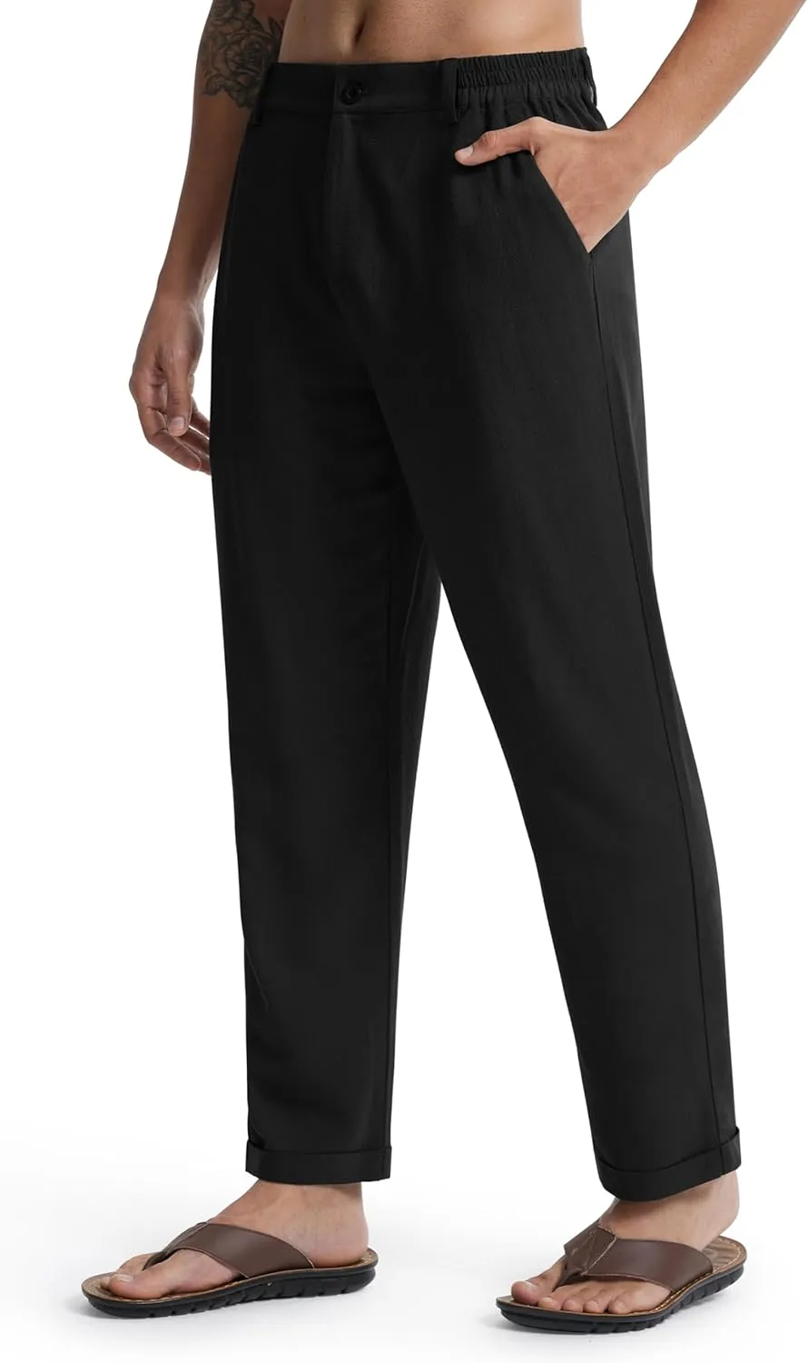 Libin Men's Linen Pants Elastic Waist Lightweight Casual Pants Comfy Summer Beach Travel Lounge Trousers with Pockets