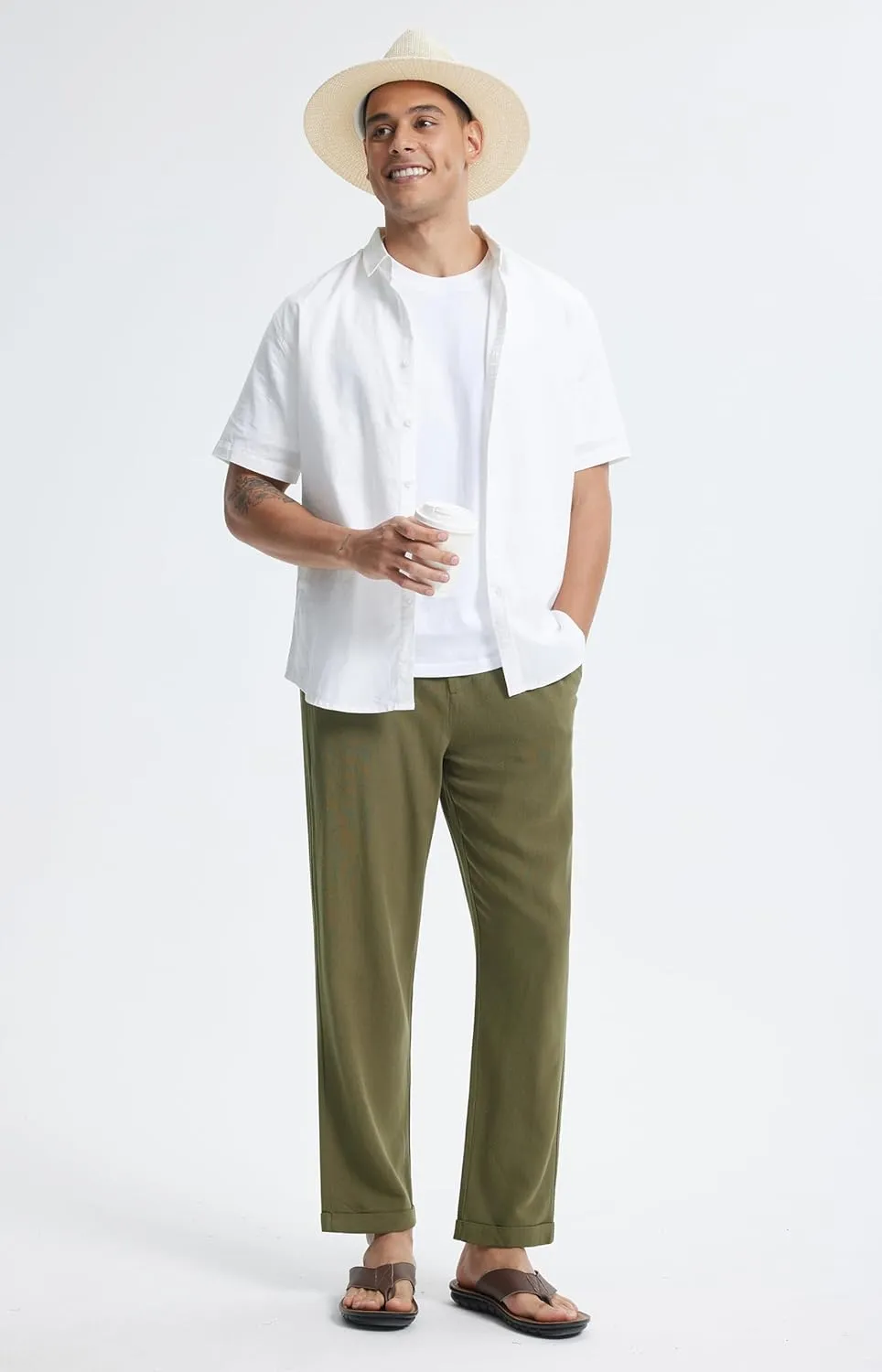 Libin Men's Linen Pants Elastic Waist Lightweight Casual Pants Comfy Summer Beach Travel Lounge Trousers with Pockets