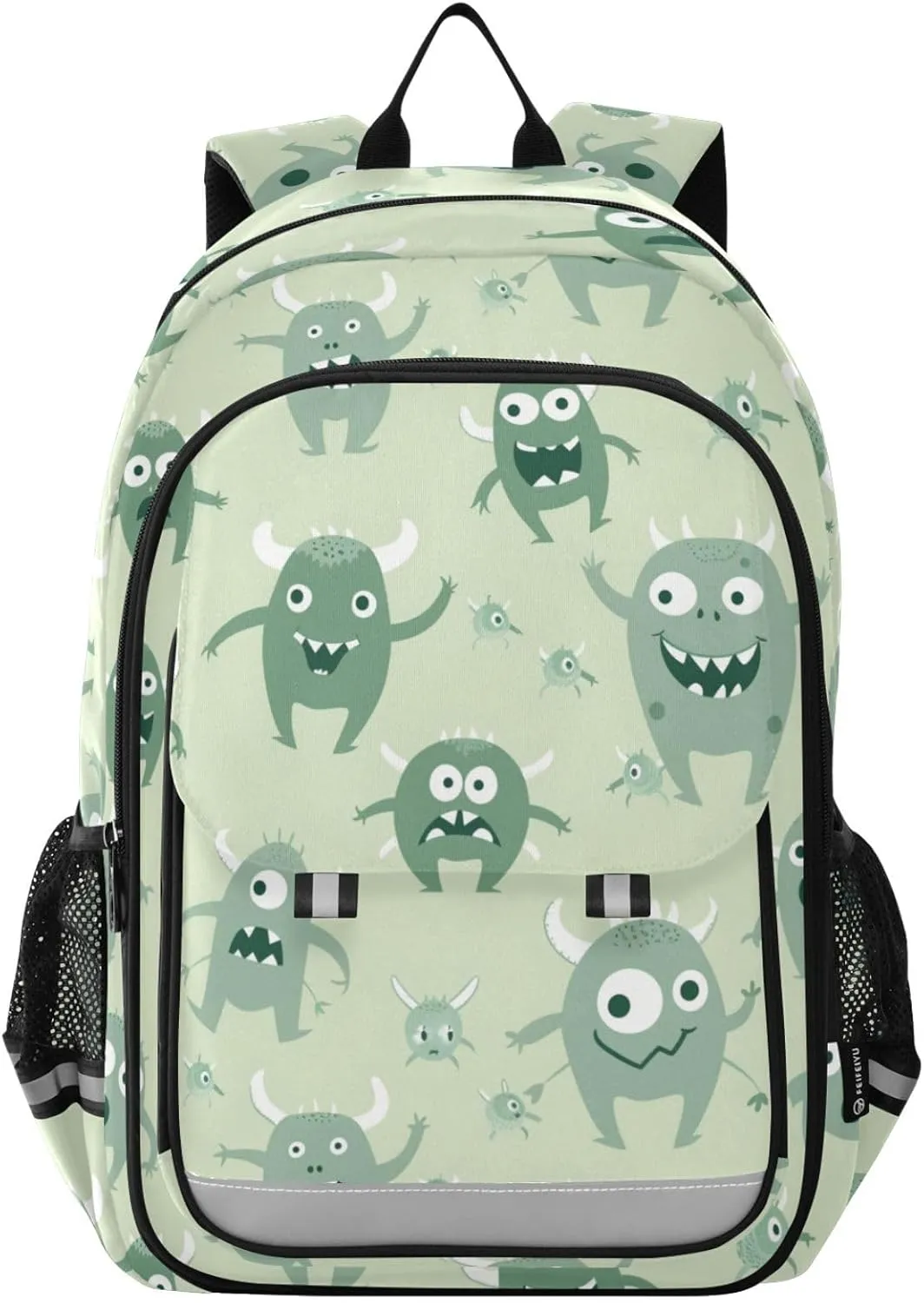 Light Green Monsters Backpack for Boys Girls Elementary School Bag Kids Bookbag Travel Rucksack With Reflective Stripes