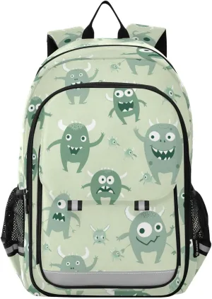 Light Green Monsters Backpack for Boys Girls Elementary School Bag Kids Bookbag Travel Rucksack With Reflective Stripes