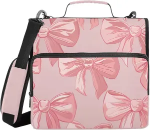 Light Pink Bows Zipper Binder with Shoulder Strap Trapper Keeper 3 Ring Binder Organizer Large Capacity Multiple Compartments for School Office