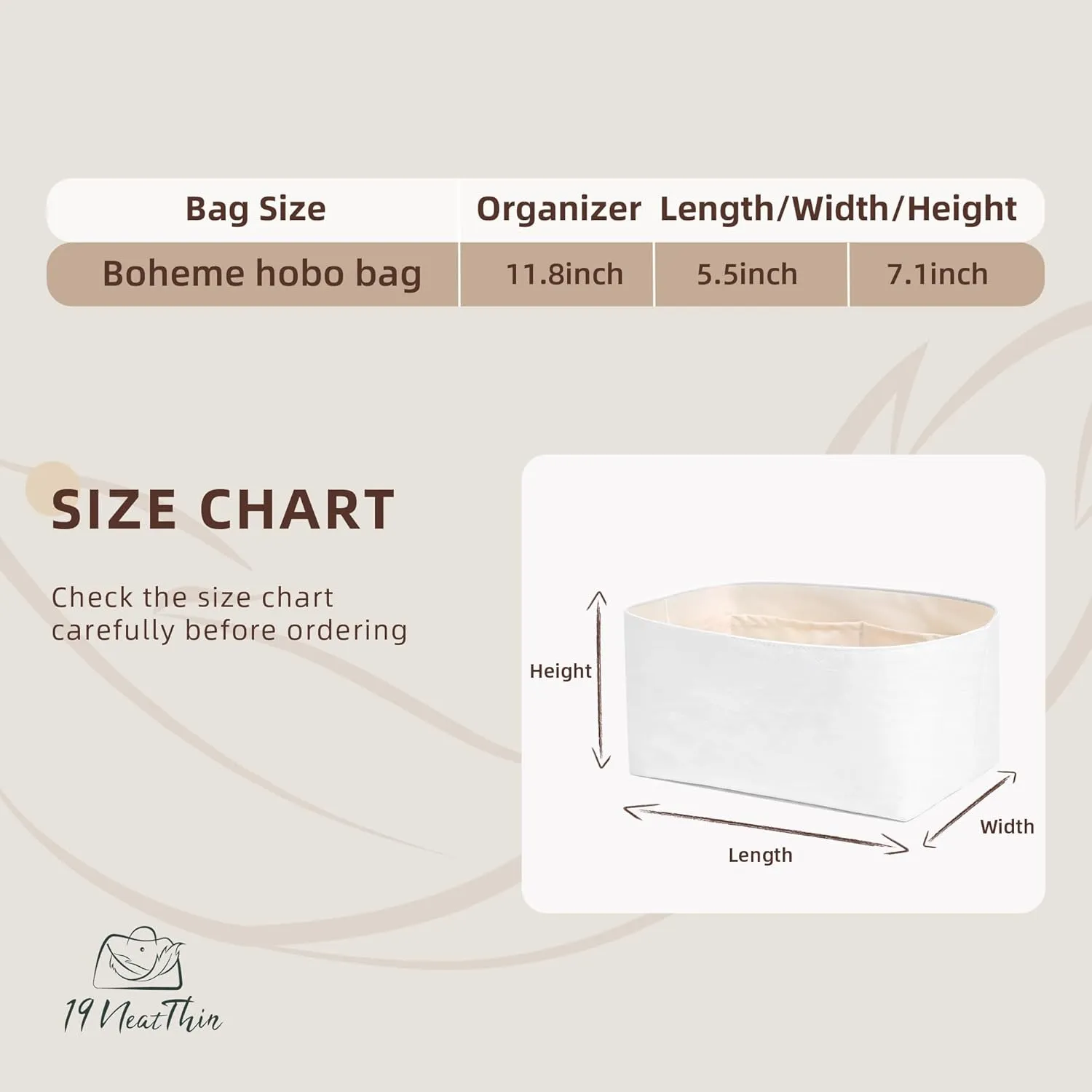 Lightweight Purse Insert Compatible with Boheme Hobo Bags, Made of Waterproof Dupontpaper Surface and Silky Satin Lining (Craie)