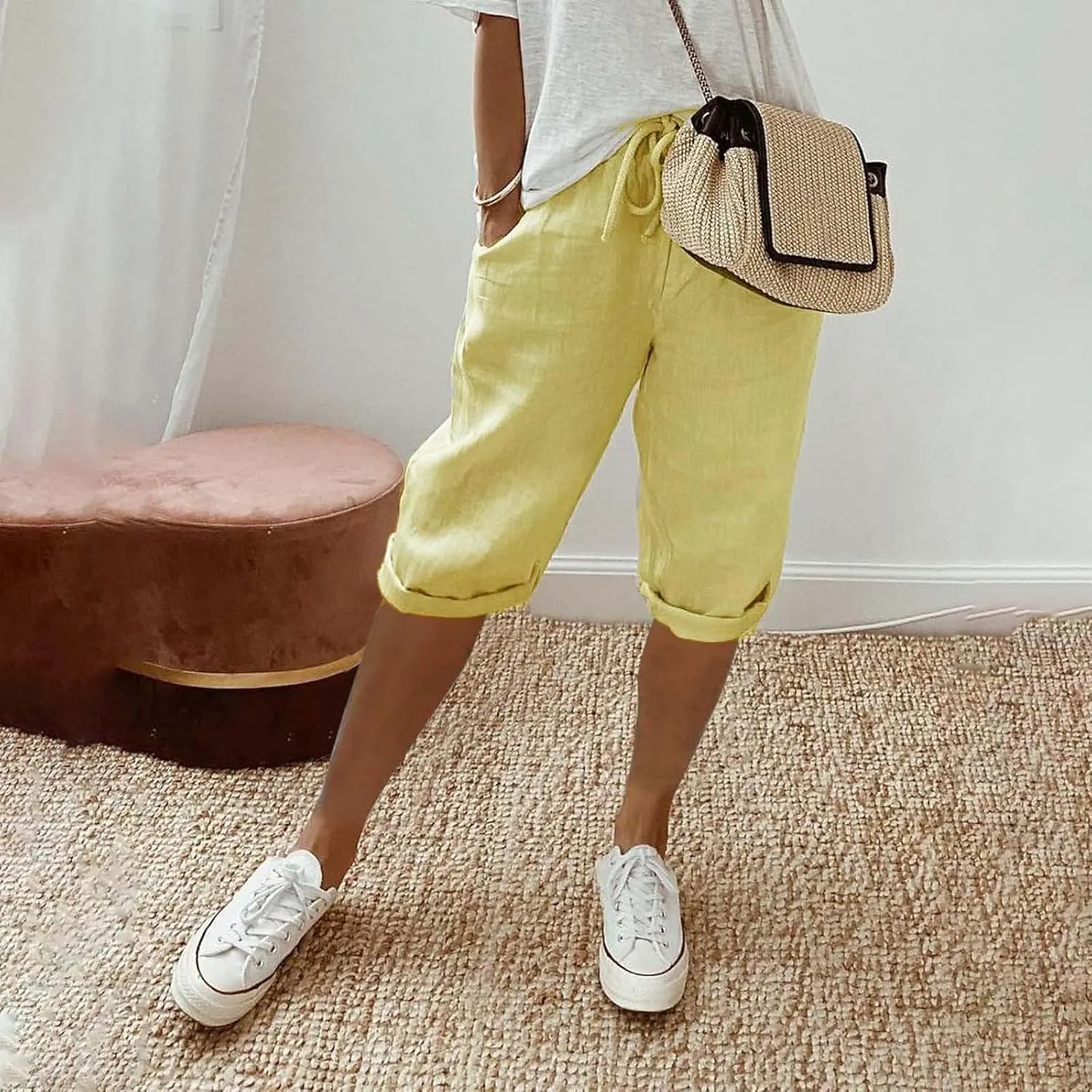 Linen Capri Pants for Women Elastic Waist Pants High Waist Drawstring Casual Pant Lightweight Loose Trousers with Pockets