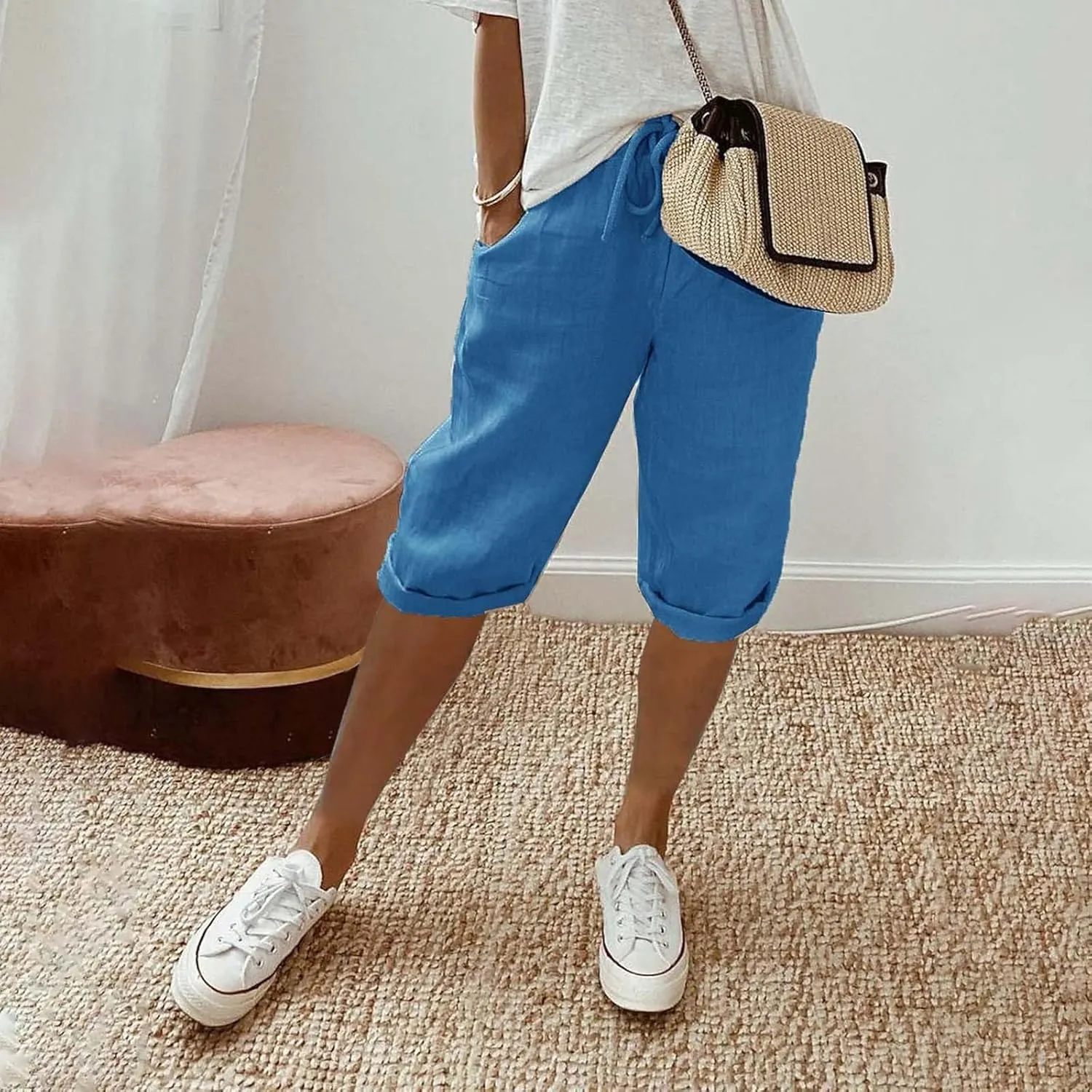 Linen Capri Pants for Women Elastic Waist Pants High Waist Drawstring Casual Pant Lightweight Loose Trousers with Pockets