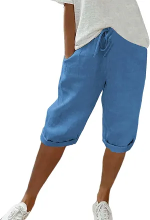 Linen Capri Pants for Women Elastic Waist Pants High Waist Drawstring Casual Pant Lightweight Loose Trousers with Pockets