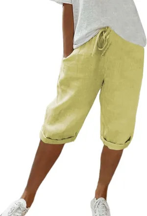 Linen Capri Pants for Women Elastic Waist Pants High Waist Drawstring Casual Pant Lightweight Loose Trousers with Pockets