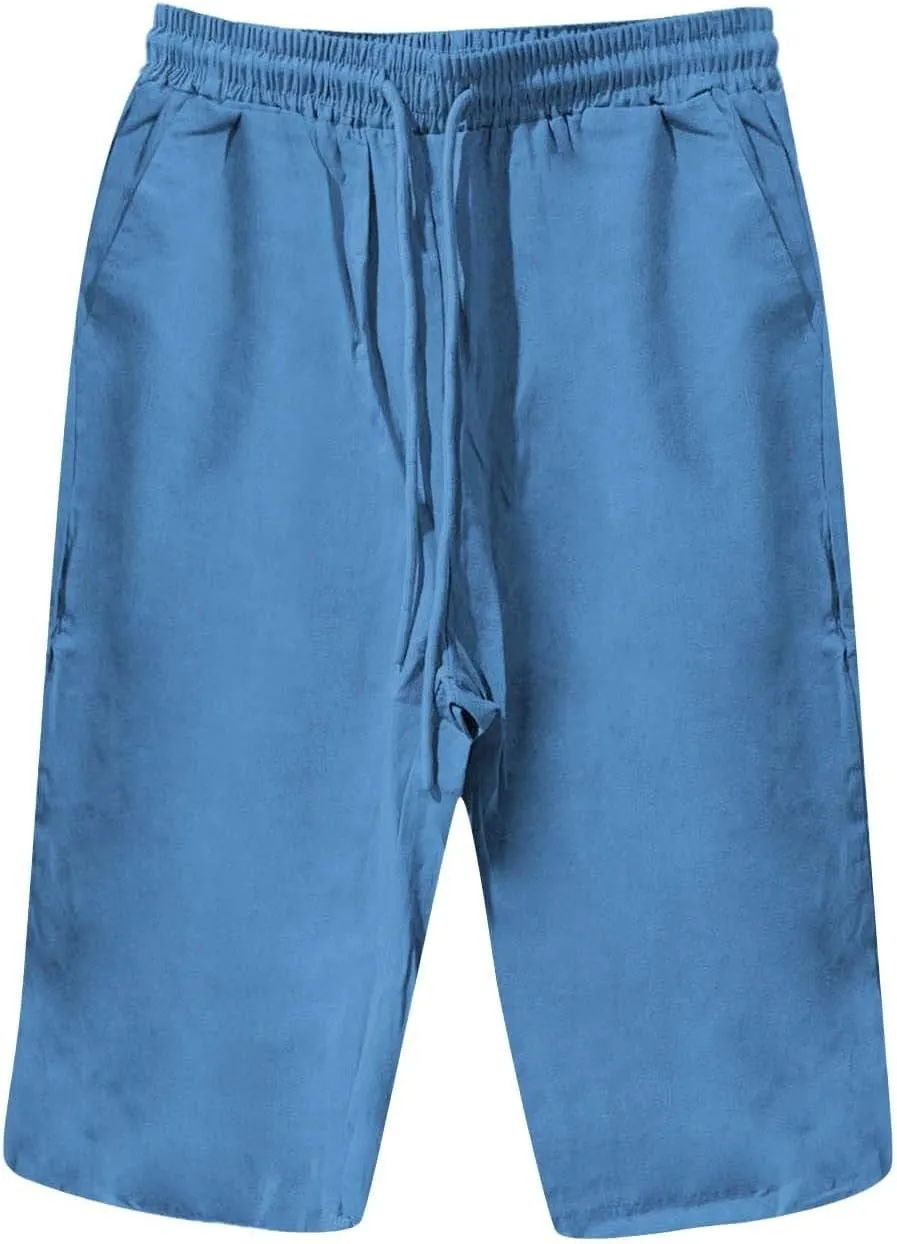 Linen Capri Pants for Women Elastic Waist Pants High Waist Drawstring Casual Pant Lightweight Loose Trousers with Pockets