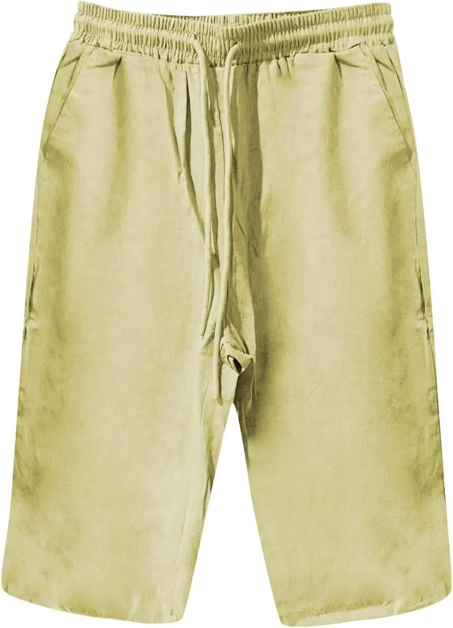 Linen Capri Pants for Women Elastic Waist Pants High Waist Drawstring Casual Pant Lightweight Loose Trousers with Pockets