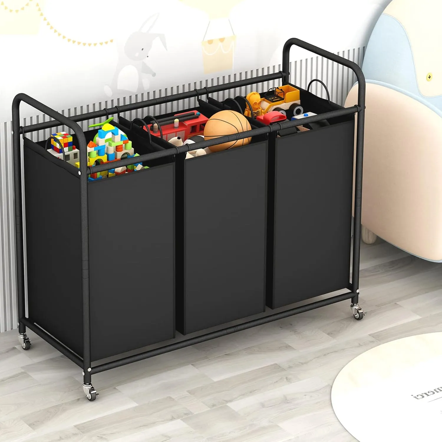 LINZINAR 3-Bag Laundry Basket Hamper Laundry Sorter Cart laundry room organization with Heavy Duty Rolling Lockable Wheels and Removable Bags (Black)