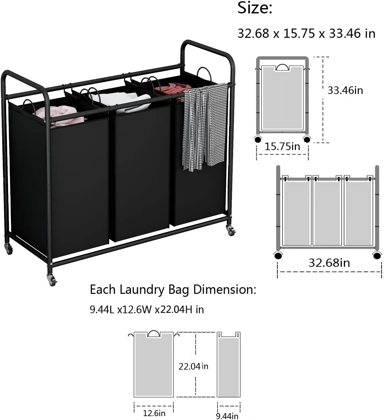 LINZINAR 3-Bag Laundry Basket Hamper Laundry Sorter Cart laundry room organization with Heavy Duty Rolling Lockable Wheels and Removable Bags (Black)