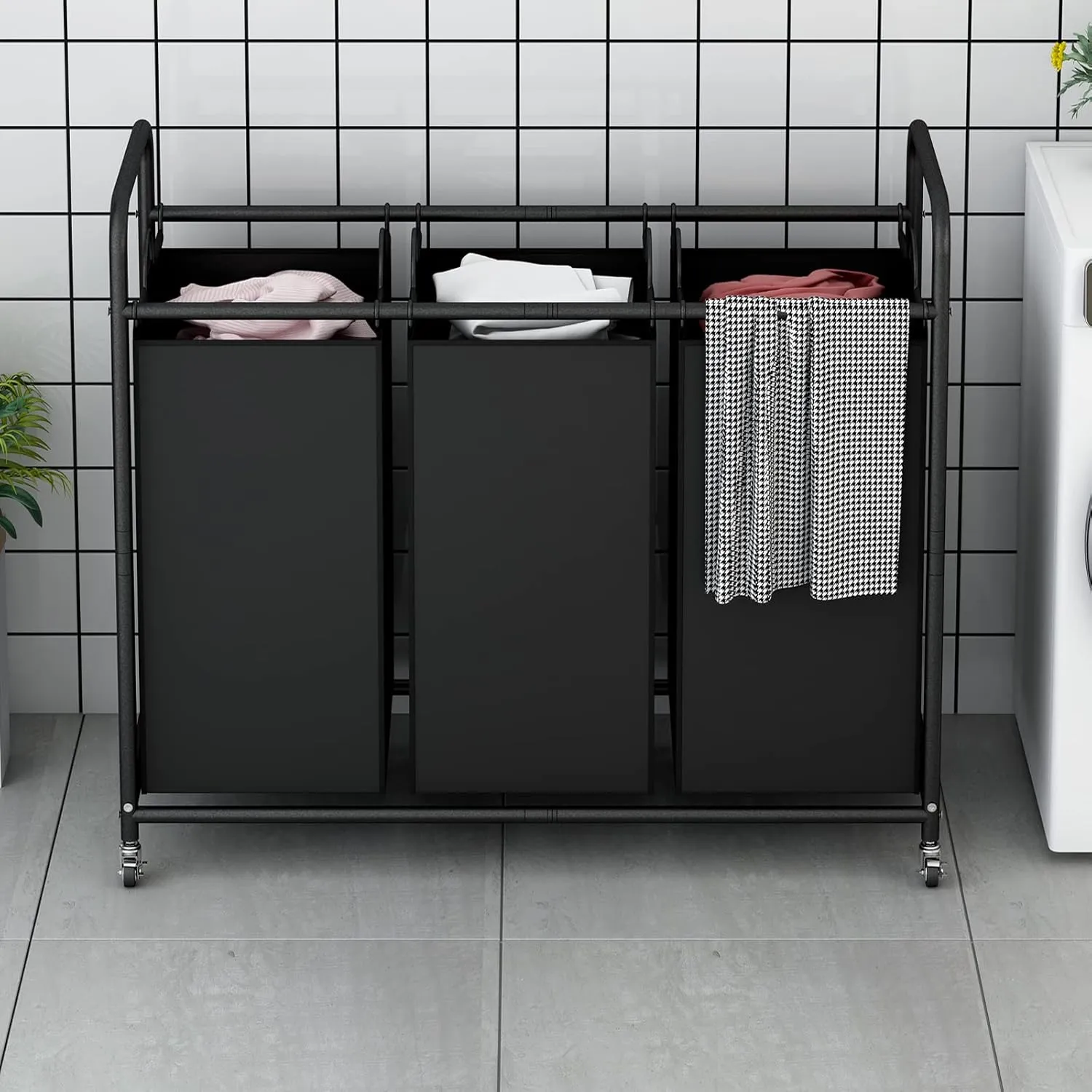 LINZINAR 3-Bag Laundry Basket Hamper Laundry Sorter Cart laundry room organization with Heavy Duty Rolling Lockable Wheels and Removable Bags (Black)