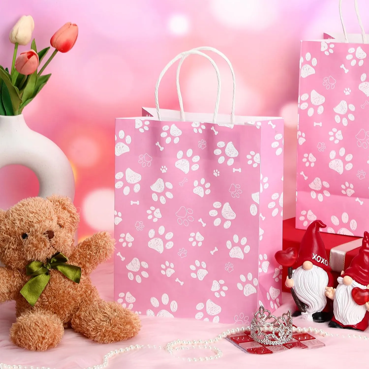 Locmeo 50 Pcs Large Puppy Dog Paw Print Gift Bags with Paper Handles 10.6x 8.3 x 4.3 Inch Kraft Dog Treat Paper Bags Dog Paw Print Goodie Bags for Pet Treat Party Favor Birthday Gift(Pink)