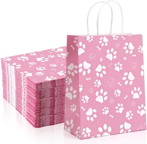 Locmeo 50 Pcs Large Puppy Dog Paw Print Gift Bags with Paper Handles 10.6x 8.3 x 4.3 Inch Kraft Dog Treat Paper Bags Dog Paw Print Goodie Bags for Pet Treat Party Favor Birthday Gift(Pink)