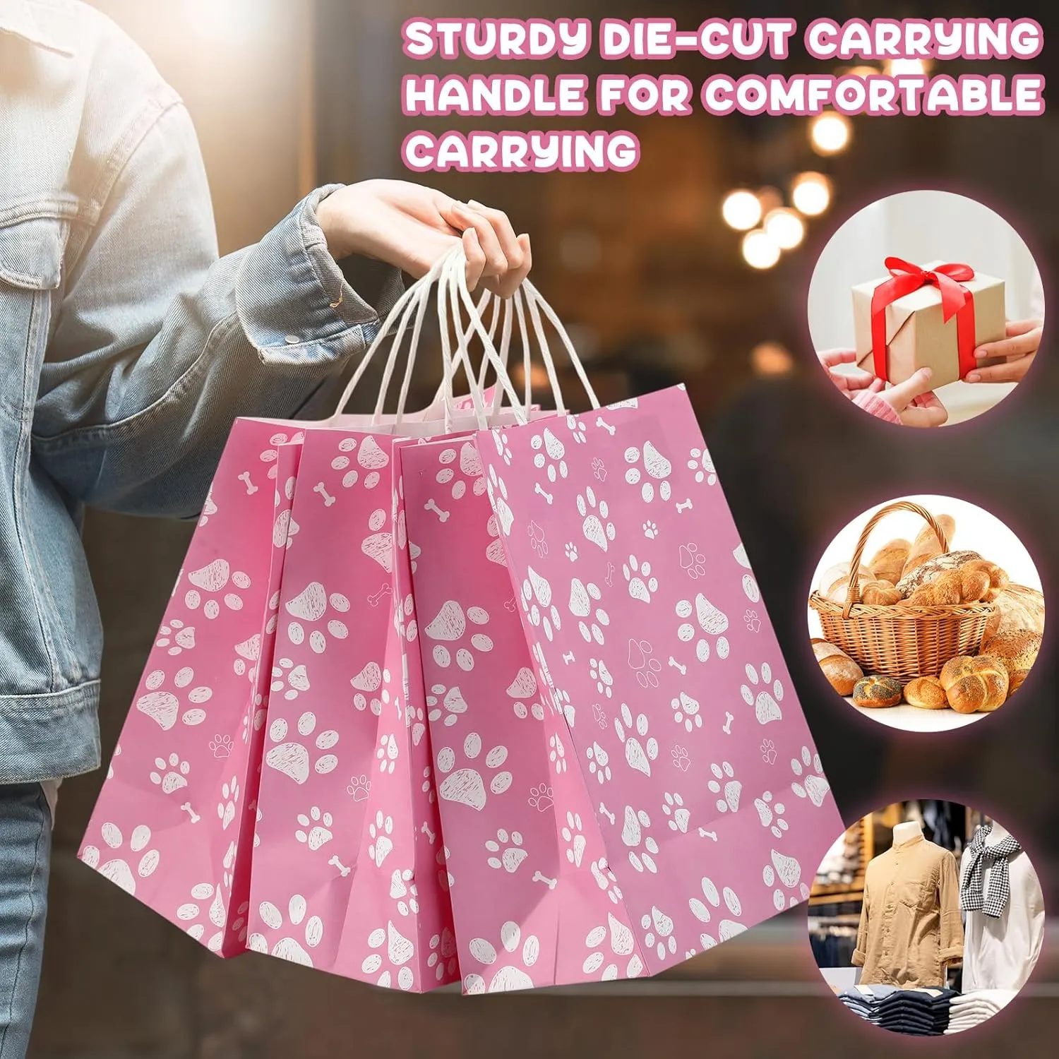Locmeo 50 Pcs Large Puppy Dog Paw Print Gift Bags with Paper Handles 10.6x 8.3 x 4.3 Inch Kraft Dog Treat Paper Bags Dog Paw Print Goodie Bags for Pet Treat Party Favor Birthday Gift(Pink)
