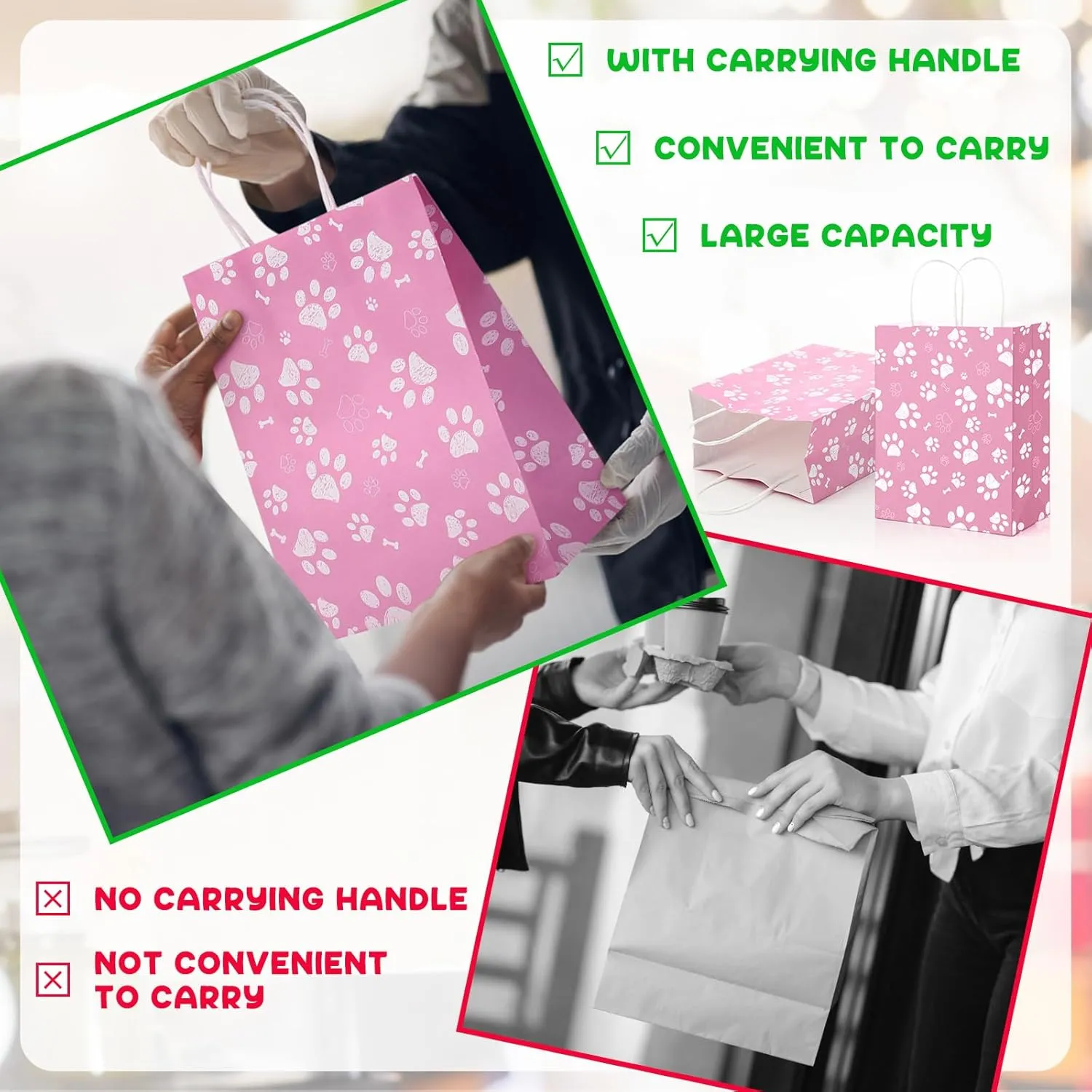 Locmeo 50 Pcs Large Puppy Dog Paw Print Gift Bags with Paper Handles 10.6x 8.3 x 4.3 Inch Kraft Dog Treat Paper Bags Dog Paw Print Goodie Bags for Pet Treat Party Favor Birthday Gift(Pink)