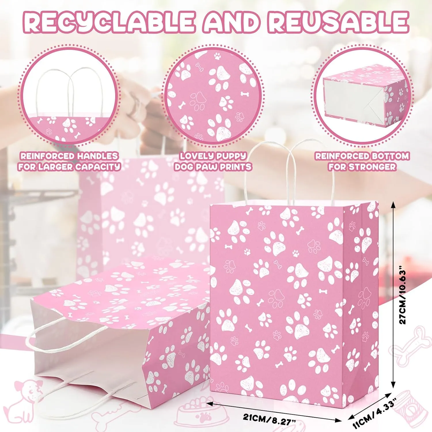 Locmeo 50 Pcs Large Puppy Dog Paw Print Gift Bags with Paper Handles 10.6x 8.3 x 4.3 Inch Kraft Dog Treat Paper Bags Dog Paw Print Goodie Bags for Pet Treat Party Favor Birthday Gift(Pink)