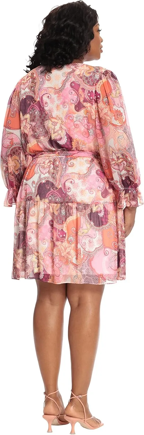 London Times Women's V-Neck Button Bodice Elastic Waist Tiered Dress