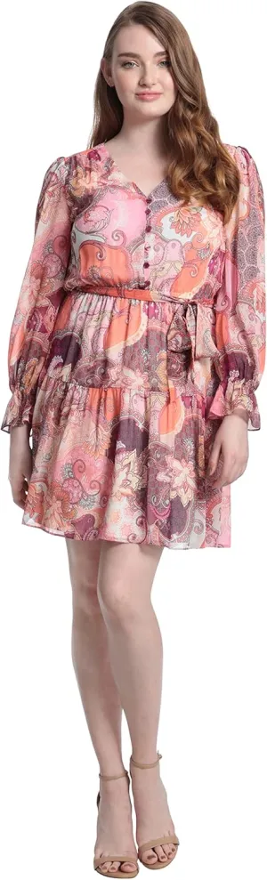 London Times Women's V-Neck Button Bodice Elastic Waist Tiered Dress