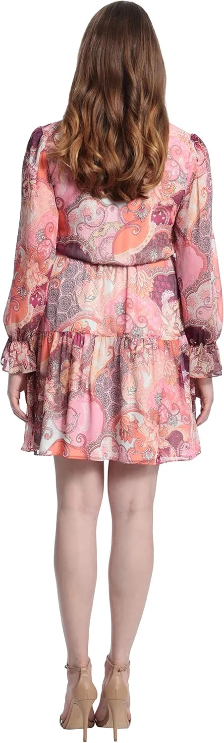 London Times Women's V-Neck Button Bodice Elastic Waist Tiered Dress