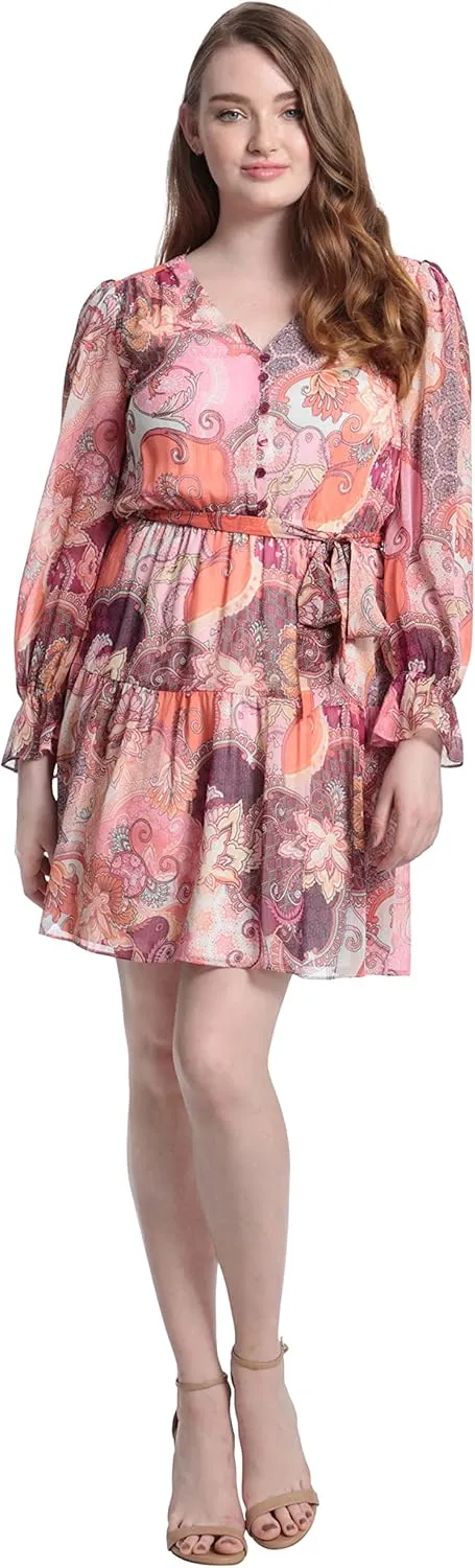 London Times Women's V-Neck Button Bodice Elastic Waist Tiered Dress