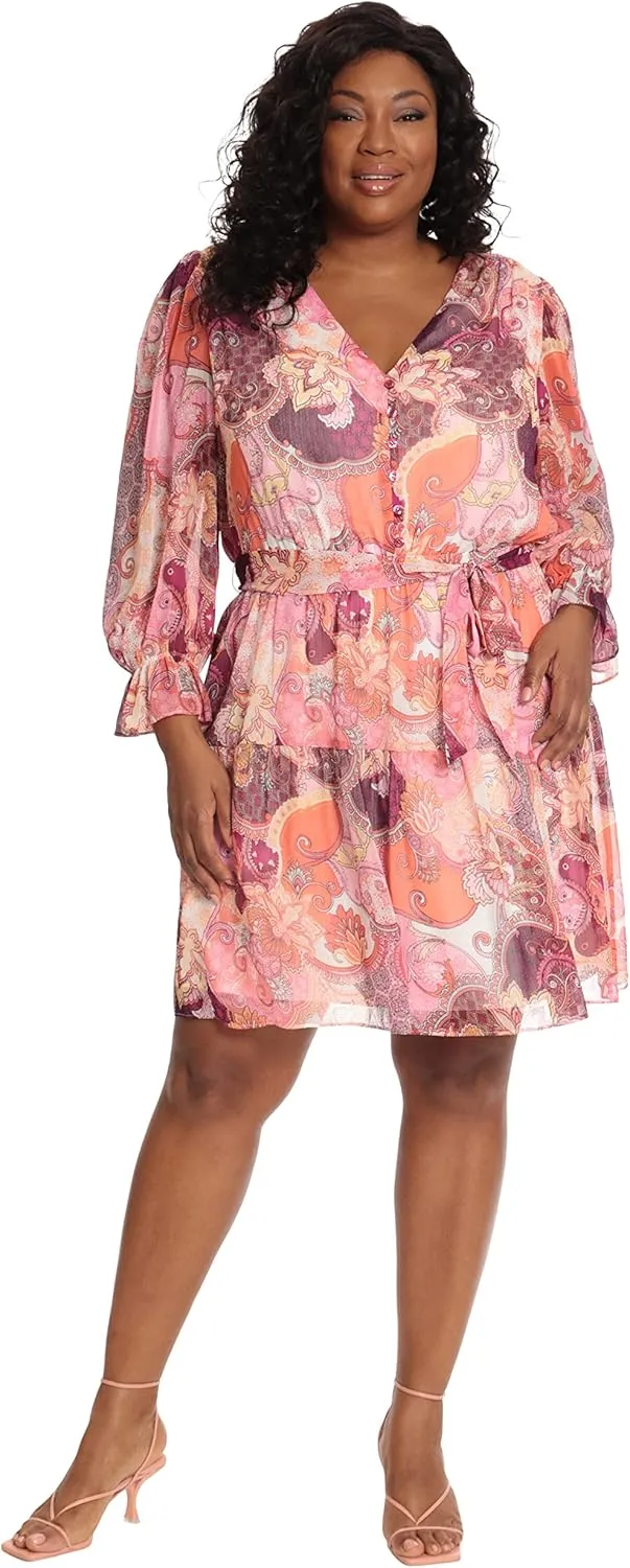 London Times Women's V-Neck Button Bodice Elastic Waist Tiered Dress