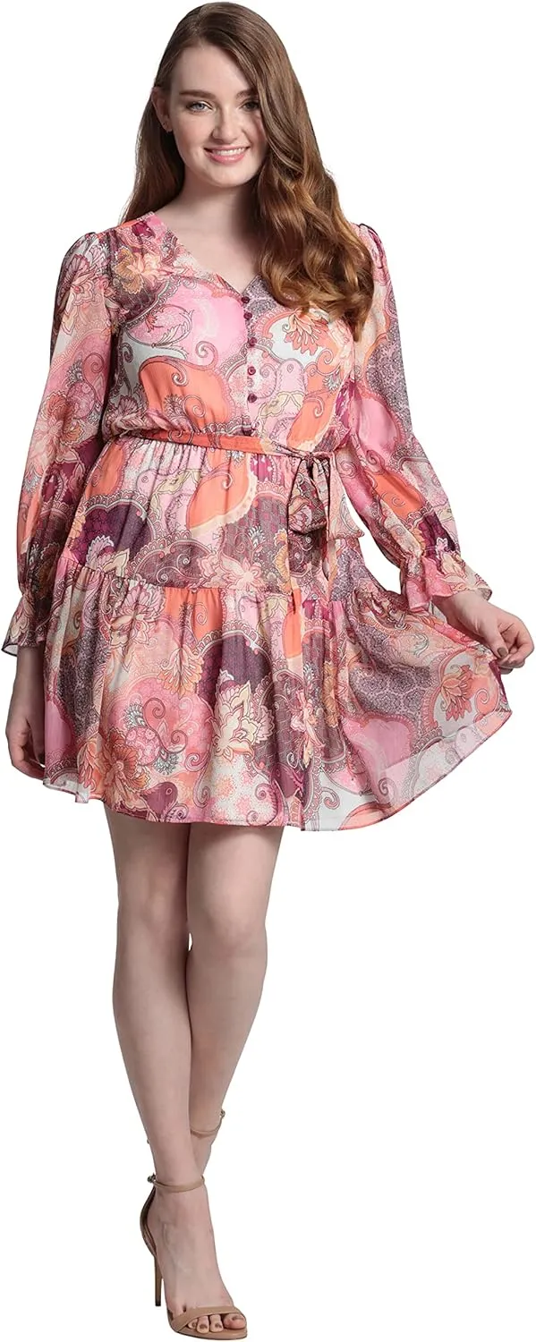 London Times Women's V-Neck Button Bodice Elastic Waist Tiered Dress